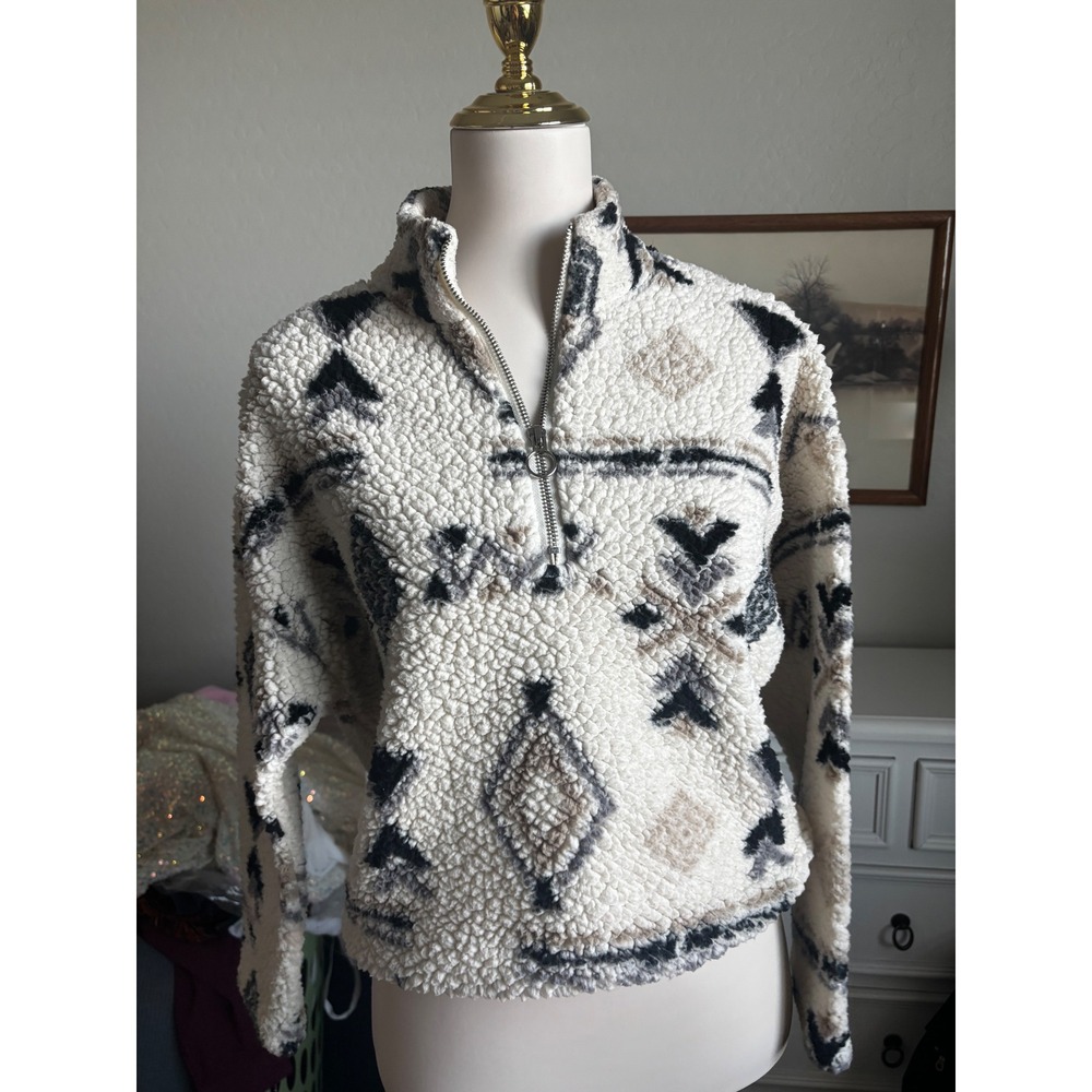 Warm & Cozy Lifestyle Women Aztec Sherpa Fleece Quarter Zip Pullover Cream Small